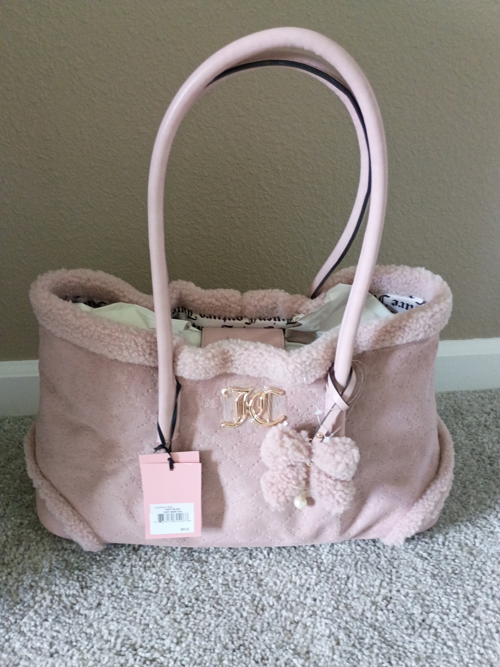 Women's Plush Pink Tote Bag with Pom Trim